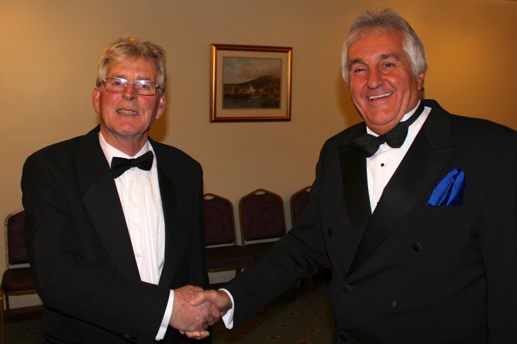The Assistant Provincial Grand Master, W.Bro. Peter Kinder, congratulates our Worshipful Master, W.Bro. Tom Bodycot, on his Installation