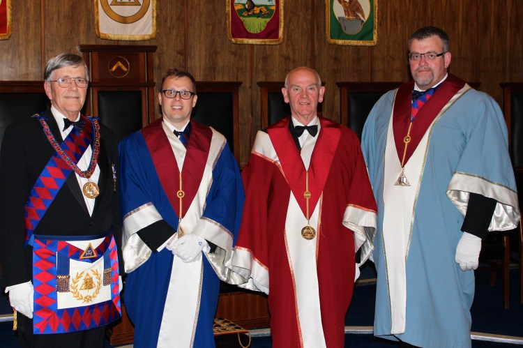 (left to right) The Second Provincial Grand Principal, E.Comp. John Townsend, the Second Principal, E.Comp. Andrew Green; the First Principal, E.Comp. Roger Peutrill and the Third Principal, E.Comp. Clive R. Watts.