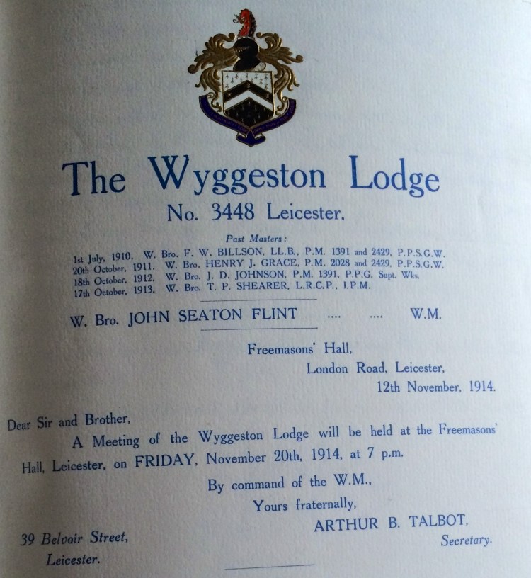 Wyggeston Lodge Summons for November 1914