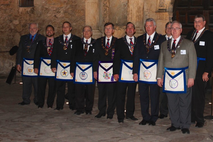 The Grand Master of Texas along with his District Deputy Grand Masters outside the Alamo
