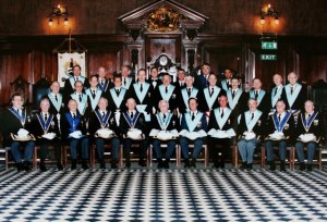 Active Lodge members in 2001 celebrating W.Bro. G.H. Moore's 60 years as a member of the Lodge